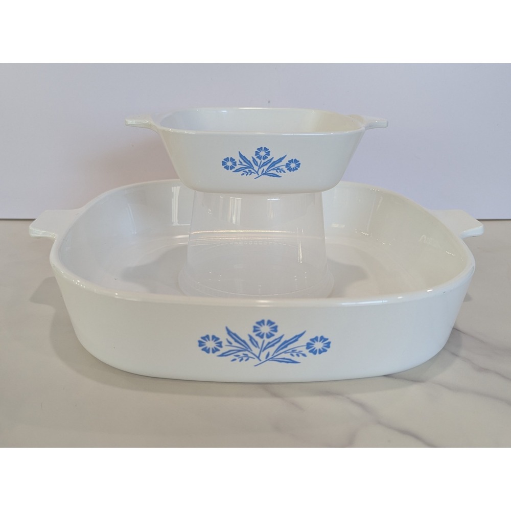 Vintage Corning Ware Casserole Set 2pc White Blue Cornflower P-41-B Square Dish